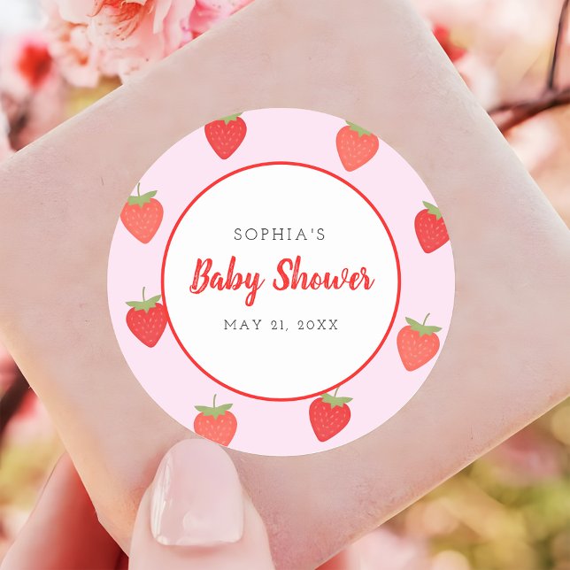 Cute Pink Strawberry Girl Baby Shower Favour Classic Round Sticker (Creator Uploaded)
