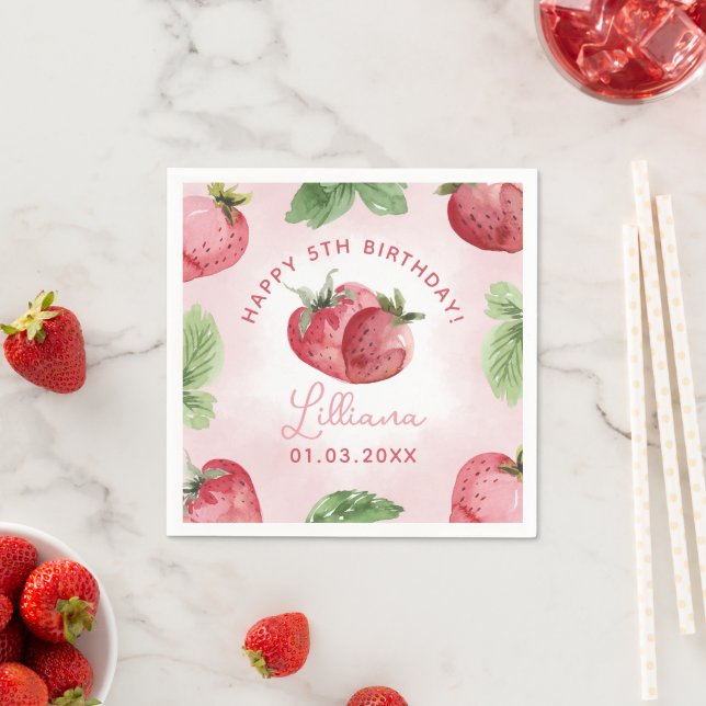 Cute Pink Strawberry Happy Birthday Paper Napkin (Insitu)