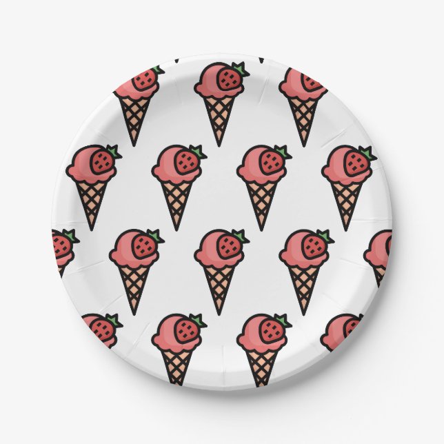 Cute Pink Strawberry Ice Cream Aesthetic Pattern Paper Plate (Front)