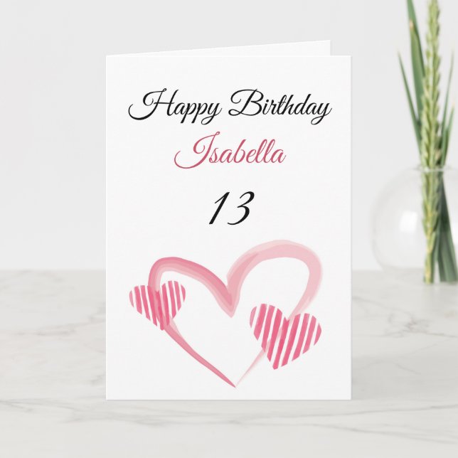 Cute Pink Striped Painted Heart 13th Birthday Card (Front)