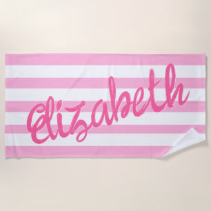 Cute Pink Striped Script Name Personalised Beach Towel