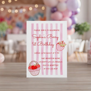 Cute Pink Striped Strawberry 1st Birthday Invitation