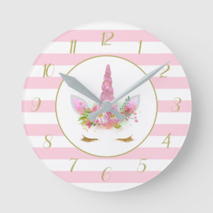 Cute Pink Striped Unicorn Face Round Clock