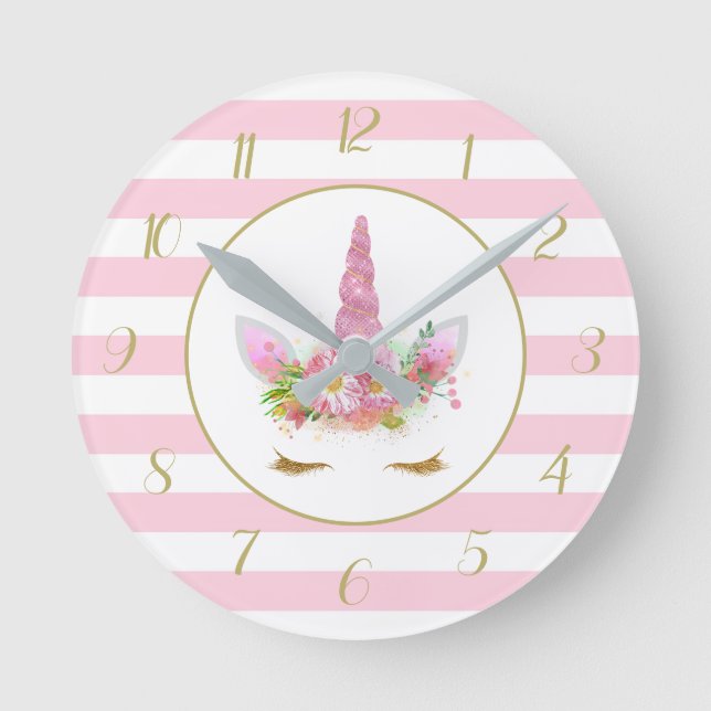 Cute Pink Striped Unicorn Face Round Clock (Front)