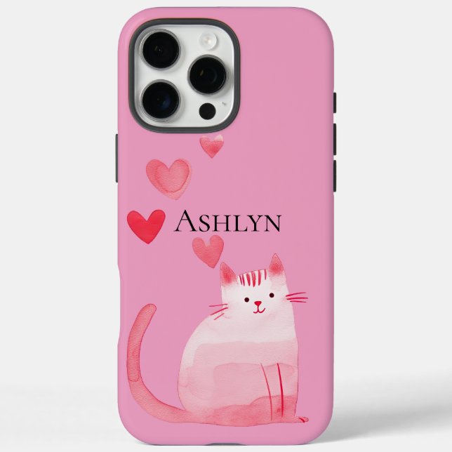 Cute Pink Stripes Cat with hearts Case-Mate iPhone Case (Back)