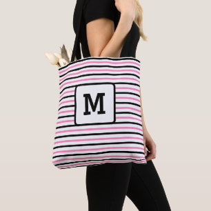 Cute Pink Stripes Custom Single Initial Black Tote