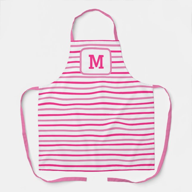 Cute Pink Stripes Custom Single Initial White Apron (Front)