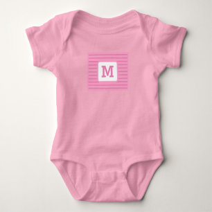 Cute Pink Stripes Custom Single Initial White Baby Bodysuit