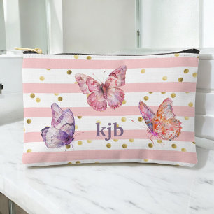 Cute Pink Stripes Dots Butterflies Monogram Girls Accessory Pouch