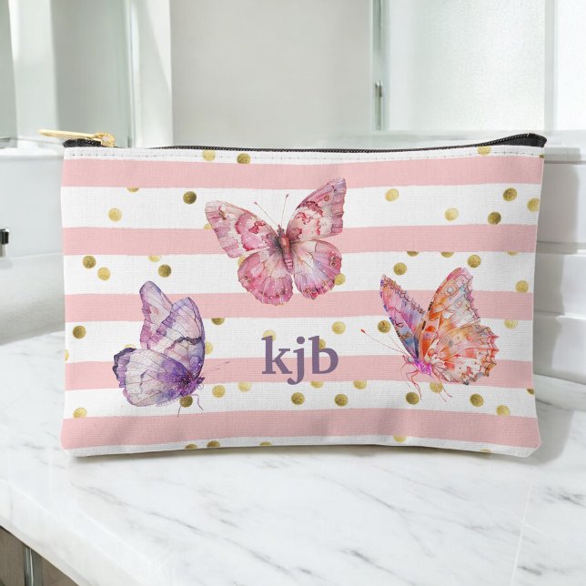 Cute Pink Stripes Dots Butterflies Monogram Girls Accessory Pouch (Personalize with your monogram initials.)