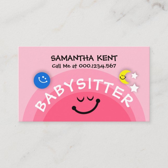 Cute Pink Sun Babysitting Earth Moon Nanny Service Business Card (Front)