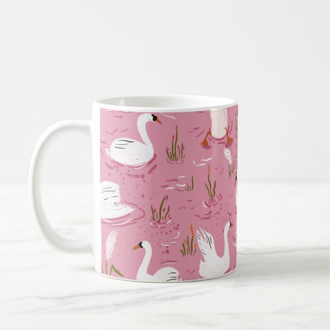 Cute Pink Swan Seamless Pattern Coffee Mug (Left)