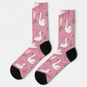 Cute Pink Swan Seamless Pattern Socks