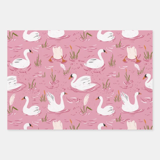 Cute Pink Swan Seamless Pattern Wrapping Paper Sheet (Front)