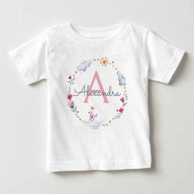 Cute pink swan & sun floral wreath with monogram baby T-Shirt (Front)