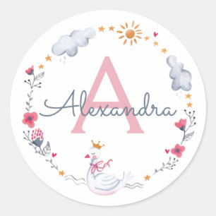 Cute pink swan & sun floral wreath with monogram classic round sticker