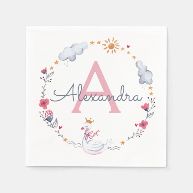Cute pink swan & sun floral wreath with monogram napkin (Front)