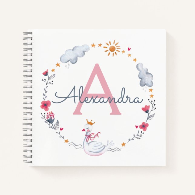 Cute pink swan & sun floral wreath with monogram notebook (Front)