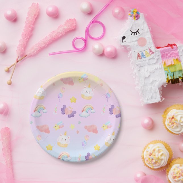 Cute pink sweet cupcake unicorn rainbow Pattern  Paper Plate (Party)