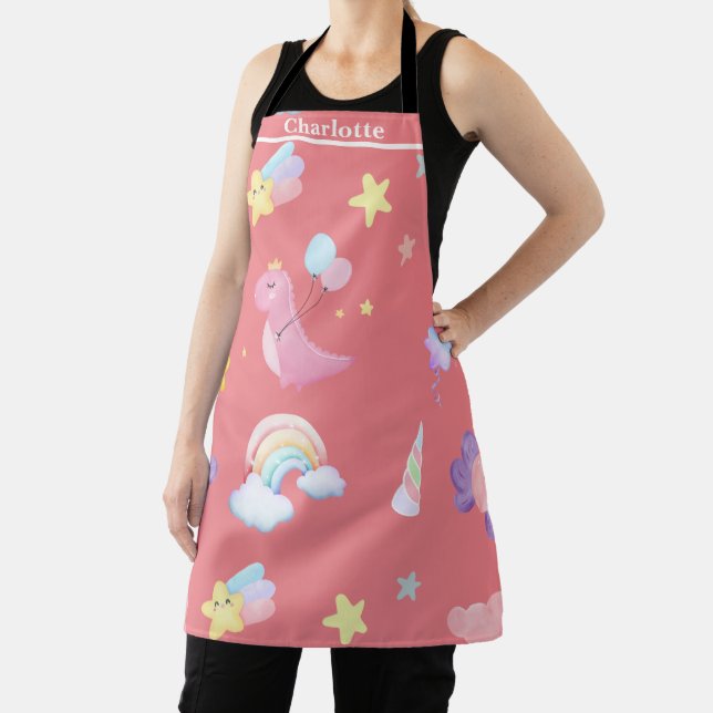 Cute pink sweet dinosaur rainbow balloon Pattern  Apron (Insitu)