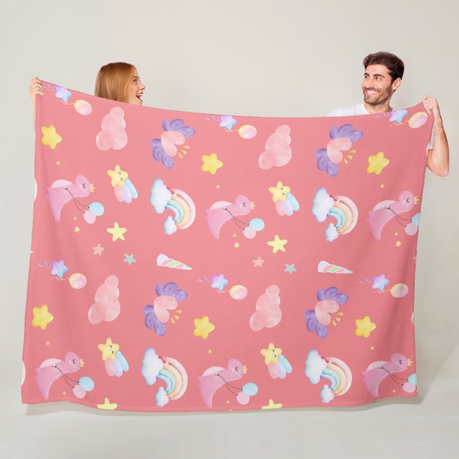 Cute pink sweet dinosaur rainbow balloon Pattern  Fleece Blanket (In Situ)