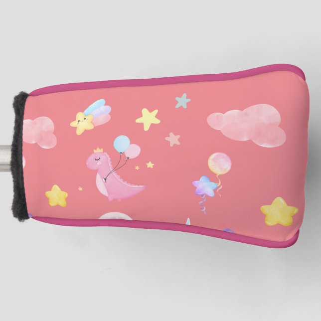 Cute pink sweet dinosaur rainbow balloon Pattern  Golf Head Cover (Front)