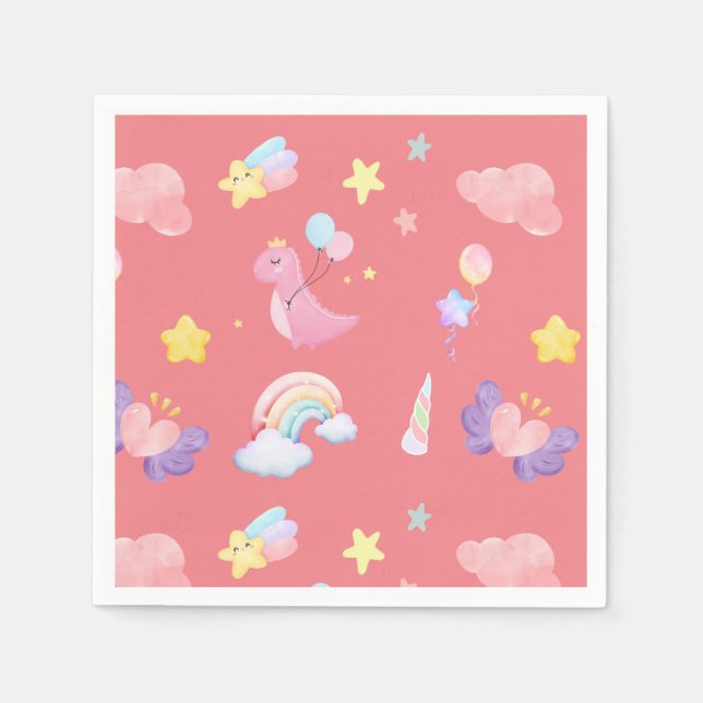 Cute pink sweet dinosaur rainbow balloon Pattern  Napkin (Front)