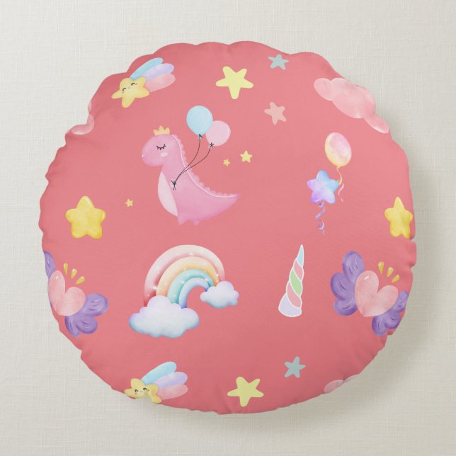 Cute pink sweet dinosaur rainbow balloon Pattern  Round Cushion (Front)