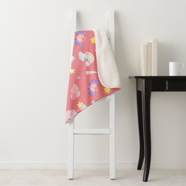 Cute pink sweet dinosaur rainbow pastel Pattern Sherpa Blanket (In Situ)