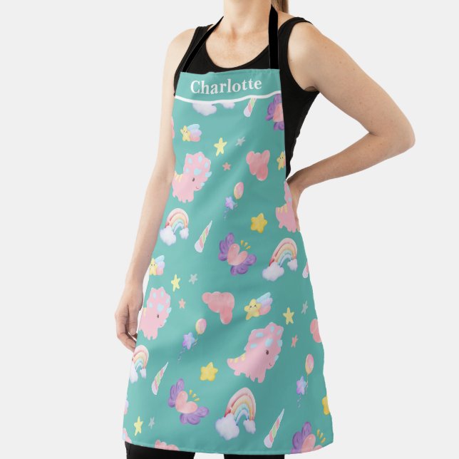 Cute pink sweet dinosaur rainbow Pattern Add Name Apron (Insitu)
