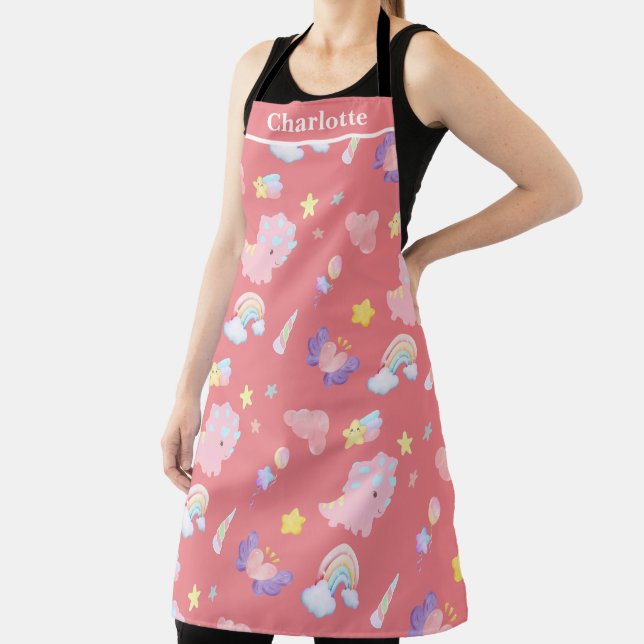 Cute pink sweet dinosaur rainbow Pattern Add Name Apron (Insitu)