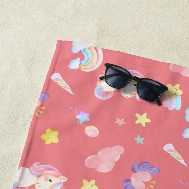 Cute pink sweet unicorn rainbow balloon Pattern  Beach Towel (In Situ)