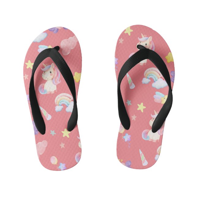 Cute pink sweet unicorn rainbow balloon Pattern  Kid's Jandals (Footbed)