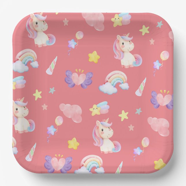 Cute pink sweet unicorn rainbow balloon Pattern  Paper Plate (Front)
