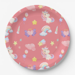 Cute pink sweet unicorn rainbow balloon Pattern  Paper Plate