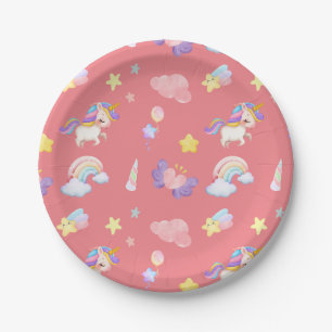 Cute pink sweet unicorn rainbow Balloon Pattern Paper Plate