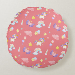 Cute pink sweet unicorn rainbow Balloon Pattern Round Cushion
