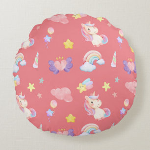 Cute pink sweet unicorn rainbow balloon Pattern  Round Cushion