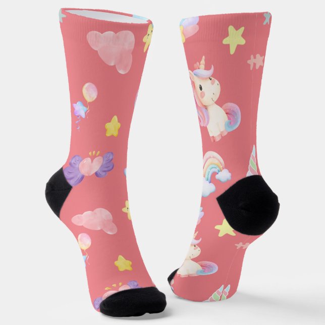 Cute pink sweet unicorn rainbow balloon Pattern  Socks (Angled)