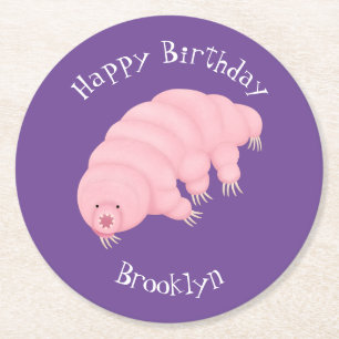 Cute pink tardigrade water bear cartoon round paper coaster