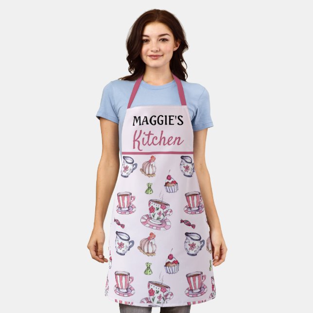 Cute Pink Teacup Candy Cupcake Pattern Kitchen Apron (Worn)