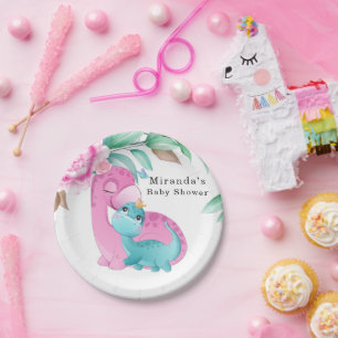 Cute Pink Teal Dinosaurs Peony Baby Girl Shower Paper Plate