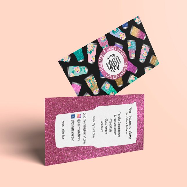 Cute Pink Teal Floral Glitter Tumbler Crafter Logo Business Card (Creator Uploaded)