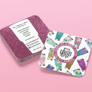 Cute Pink Teal Floral Glitter Tumbler Crafter Logo Square Business Card