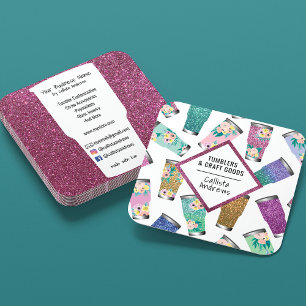 Cute Pink Teal Floral Glitter Tumbler Crafter Logo Square Business Card