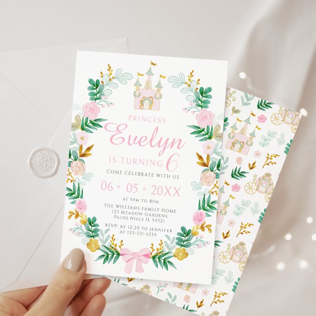 Cute pink teal gold castle princess birthday girl invitation (Creator Uploaded)