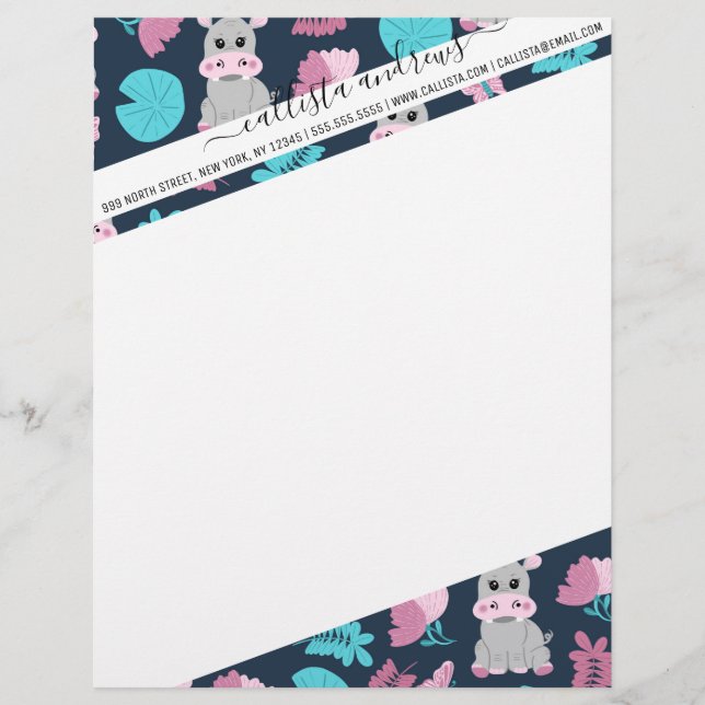 Cute Pink Teal Hippo Floral Butterfly Lily Pad Custom Letterhead (Front)