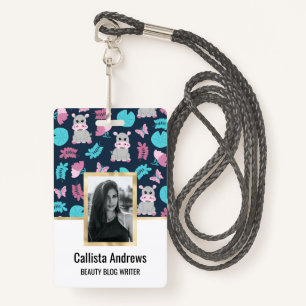 Cute Pink Teal Hippo Floral Butterfly Lily Pad ID Badge