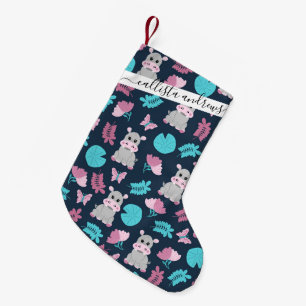 Cute Pink Teal Hippo Floral Butterfly Lily Pad Small Christmas Stocking