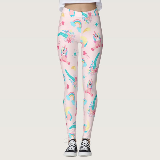 Cute Pink Teal Unicorn Rainbow Floral Stars Leggings (Front)